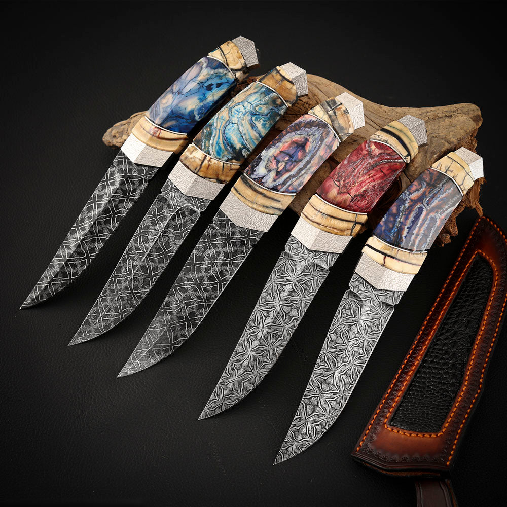 Mosaic Damascus Puukko Mammoth Tusks Handle
