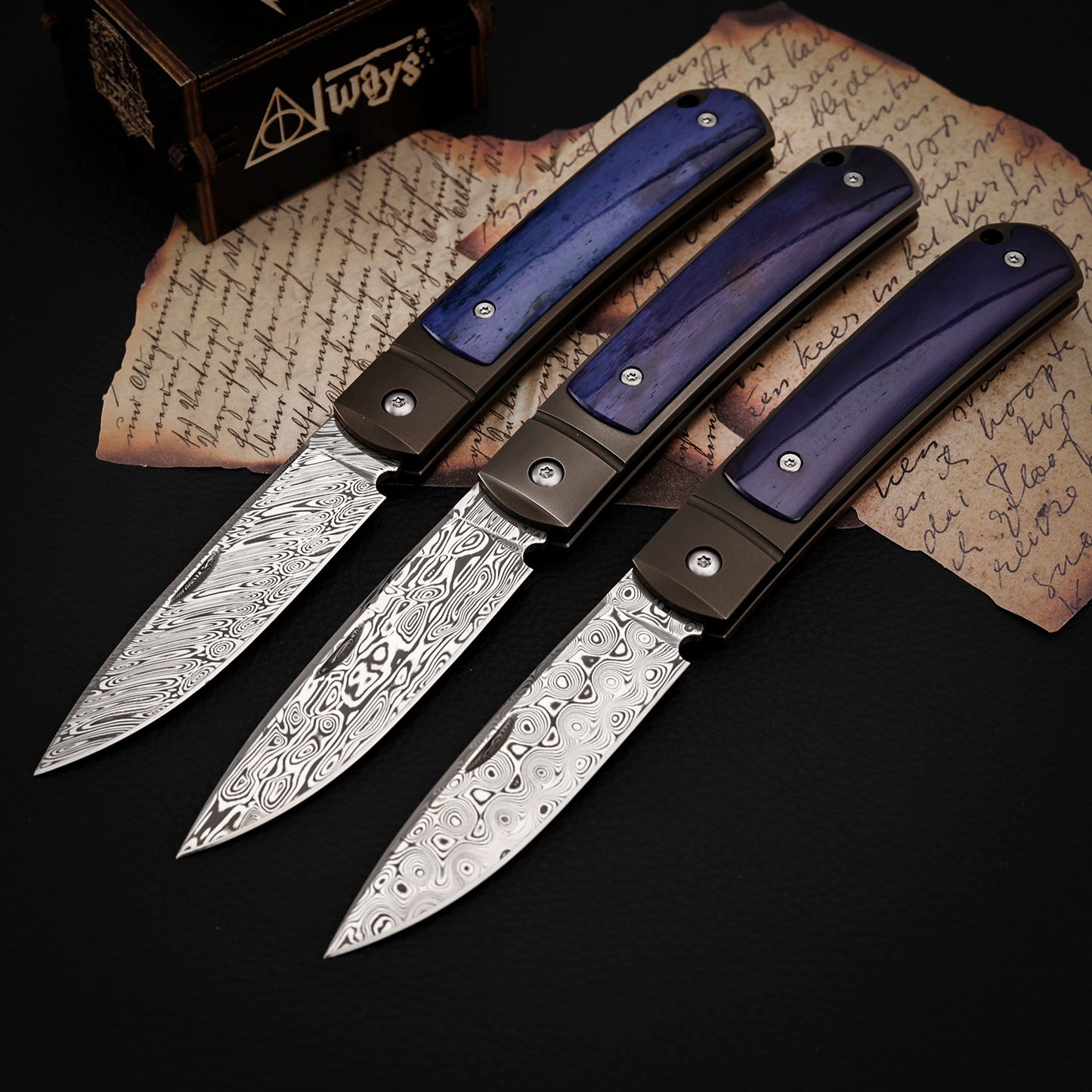 Custom Drop Point Pocket Knife in Damasteel, Blue