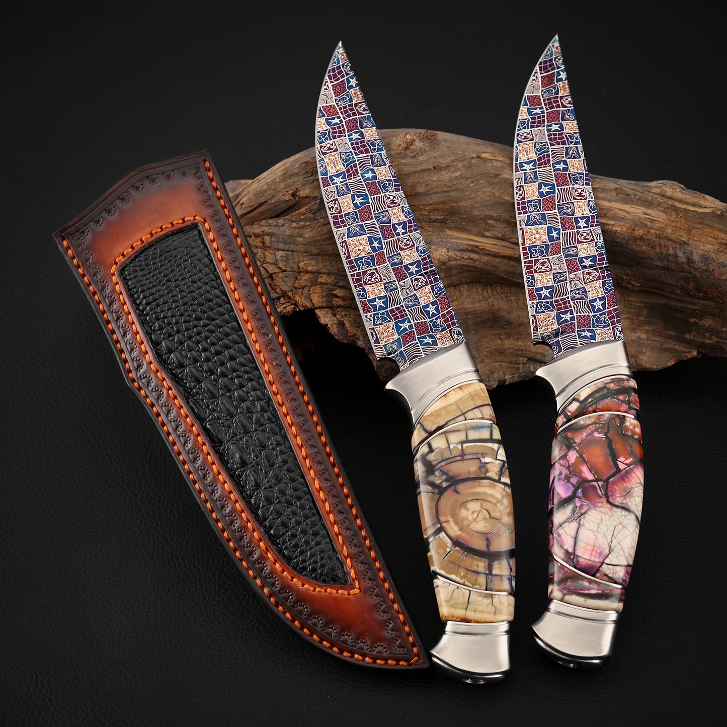 Custom Hunting Knife Mosaic Damascus Bluing Heat Treatment