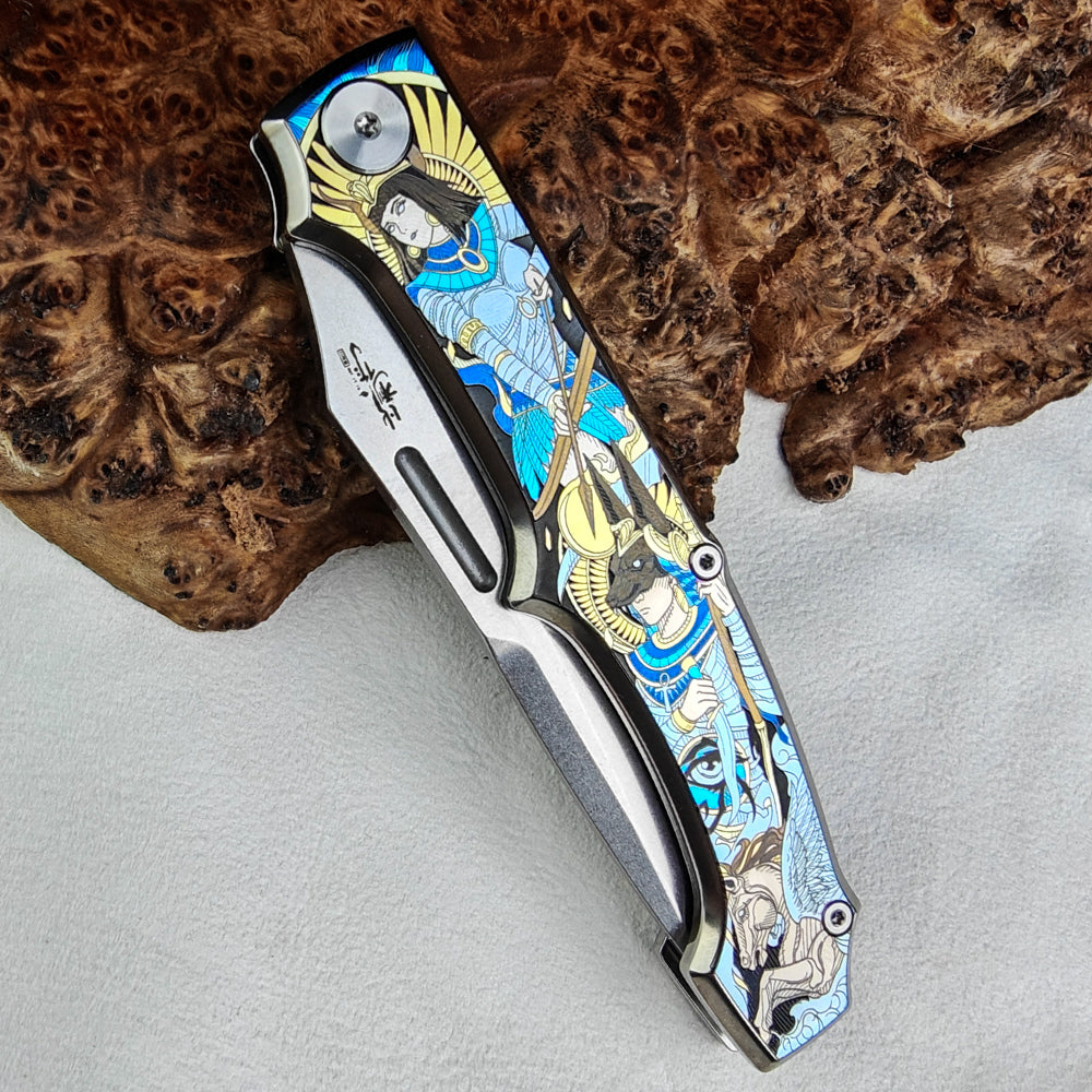 Anubis Pocket Knife Titanium 3D Coloured Sculpting - Vanax Steel