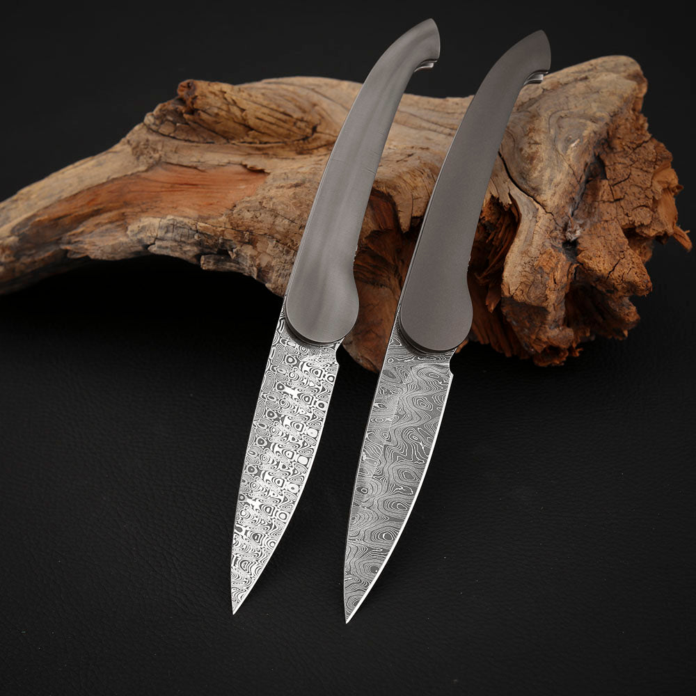 Liner Lock Front Flipper Folding Knives in Damascus with Titanium
