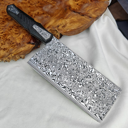 7.4" Cleaver Knife in Damasteel with Carbon Fiber