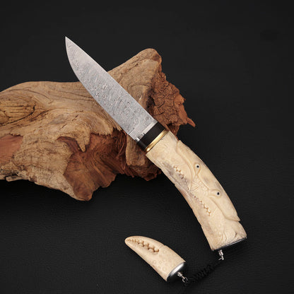Crab Hand-carved Fixed Blade Knife Damasteel Antler Handle