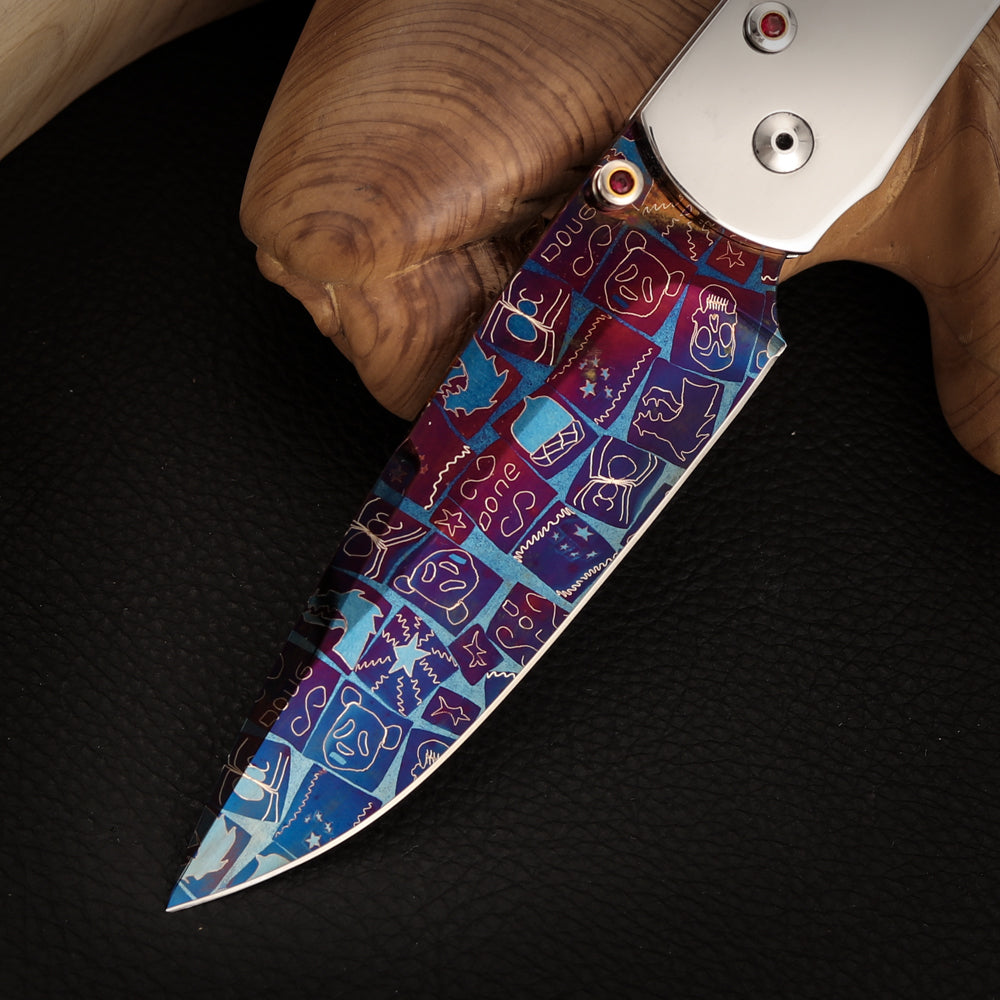 Custom Button Lock Knife Mosaic Damascus Steel
