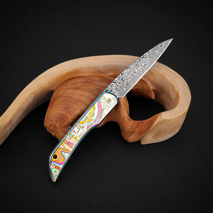 Color Engraving Pocket Knife in Damascus Steel, Titanium