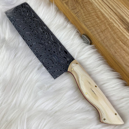 Custom Damasteel Nakiri Knife with Mammoth Tusks