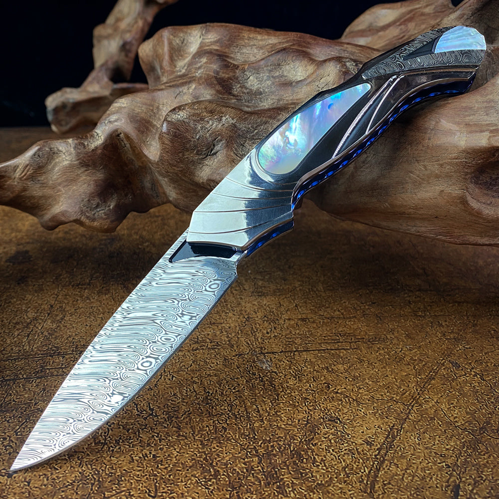 Lockback Folder Inlaid with Mother of Pearl, Damasteel