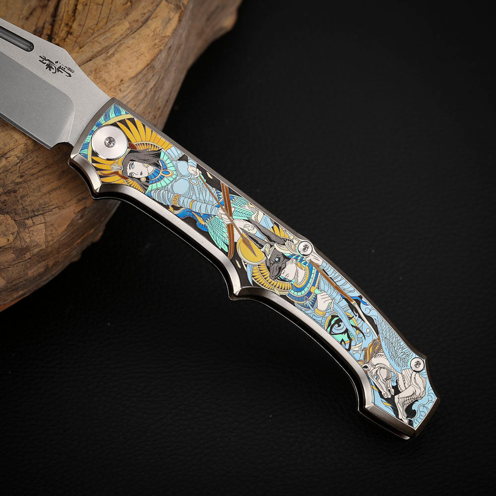 Anubis Pocket Knife Titanium 3D Coloured Sculpting - Vanax Steel