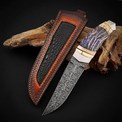Mosaic Damascus Puukko Mammoth Tusks Handle