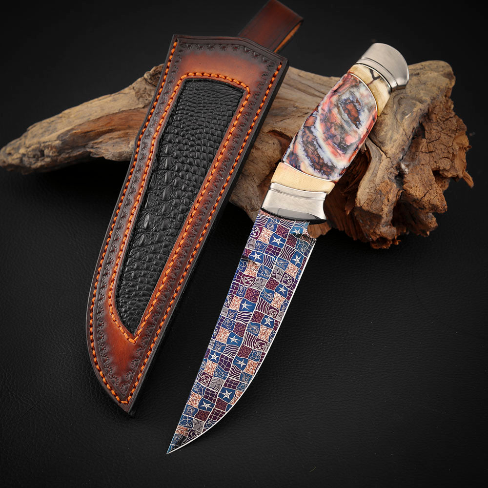 Custom Knives Mosaic Damascus Bluing Heating Leather Sheath