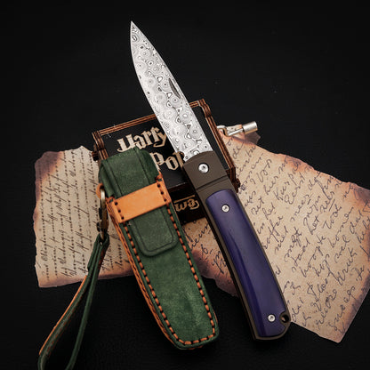 Custom Drop Point Pocket Knife in Damasteel, Blue