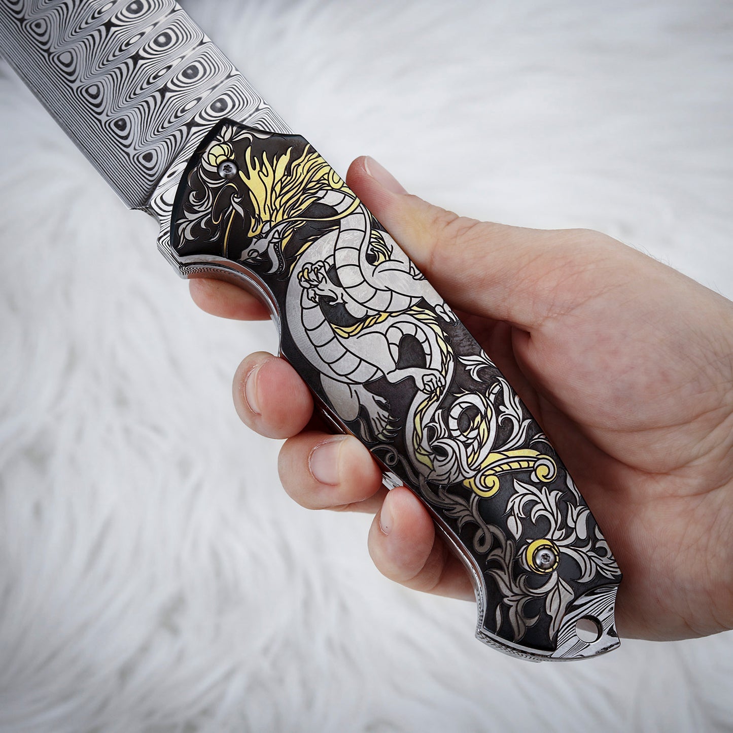 Custom 7.3 Inch Fixed Blade Knife Damasteel Color Titanium Carving