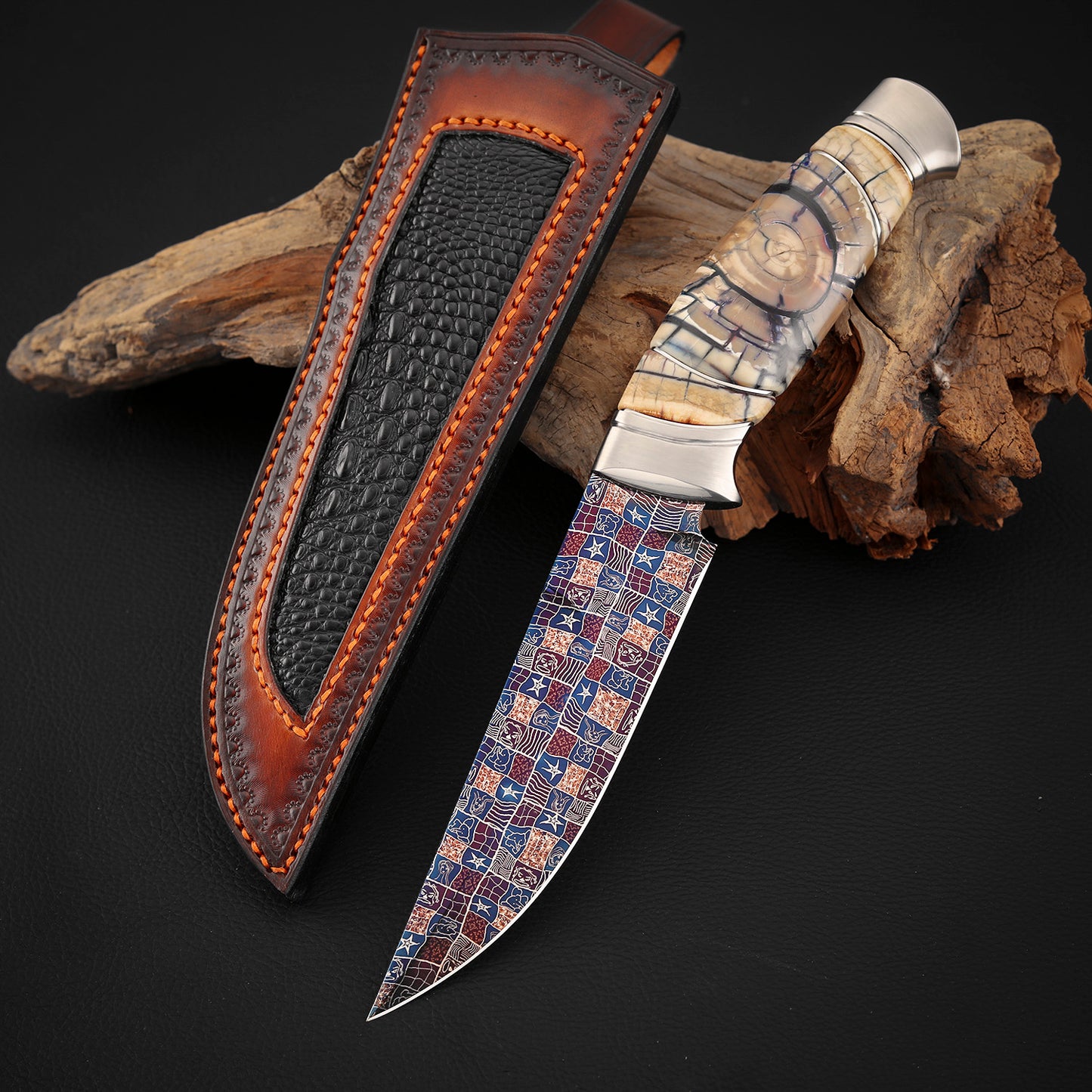 Custom Hunting Knife Mosaic Damascus Bluing Heat Treatment