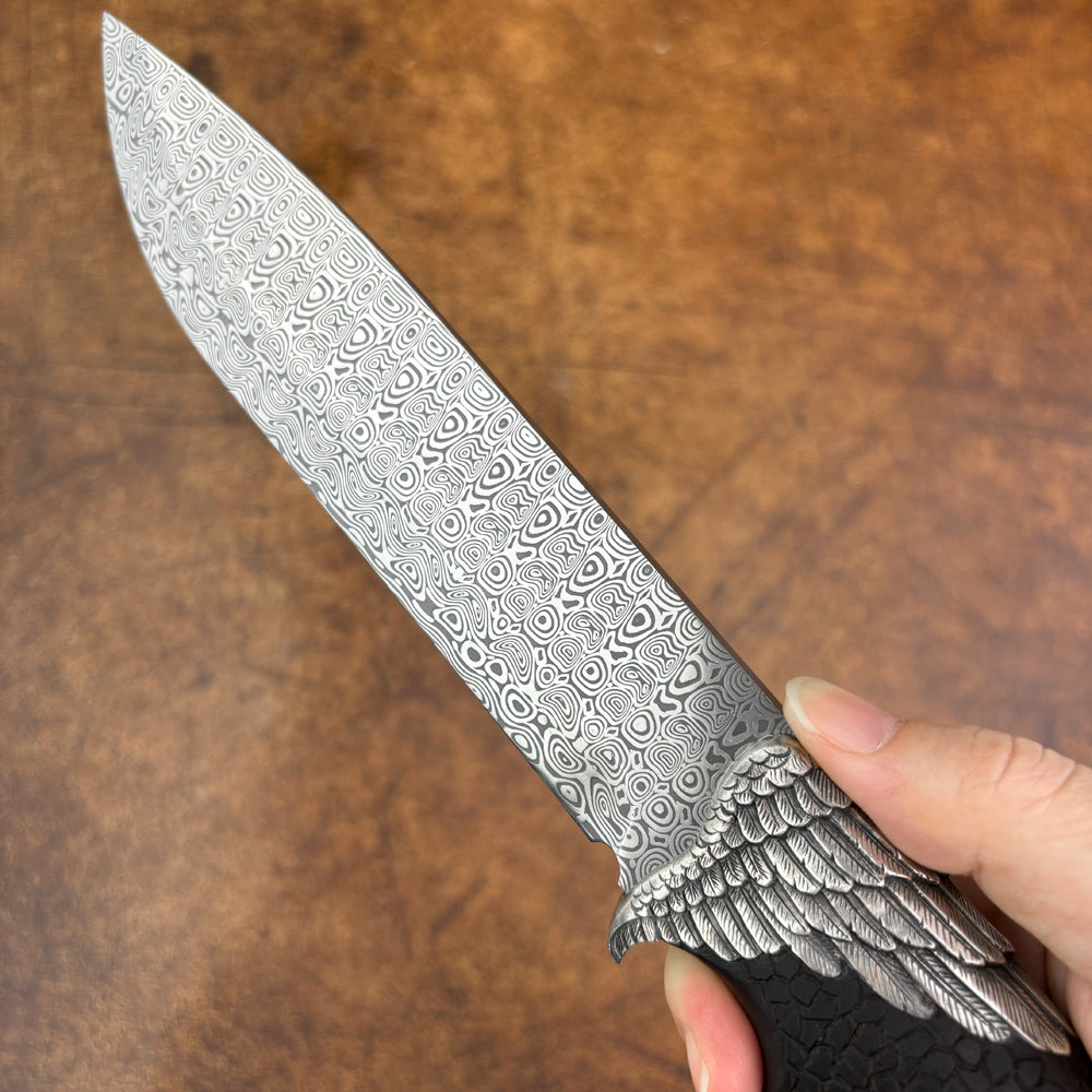 Hand-carved Fixed Blade Knife in Damasteel