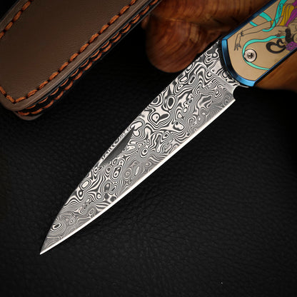 Color Engraving Pocket Knife in Damascus Steel, Titanium