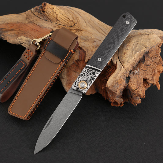 3.5 Incn Slip Joint Pocket Knife Wootz Steel, Ironwood & Carbon Fiber
