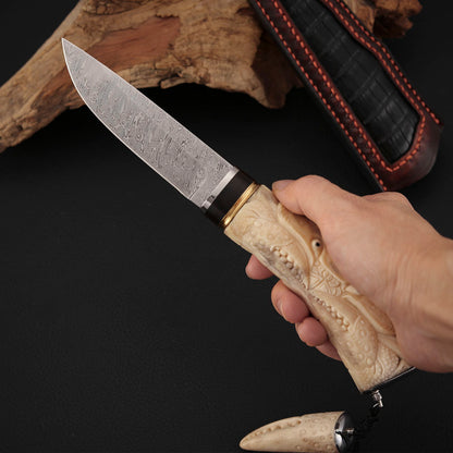 Crab Hand-carved Fixed Blade Knife Damasteel Antler Handle
