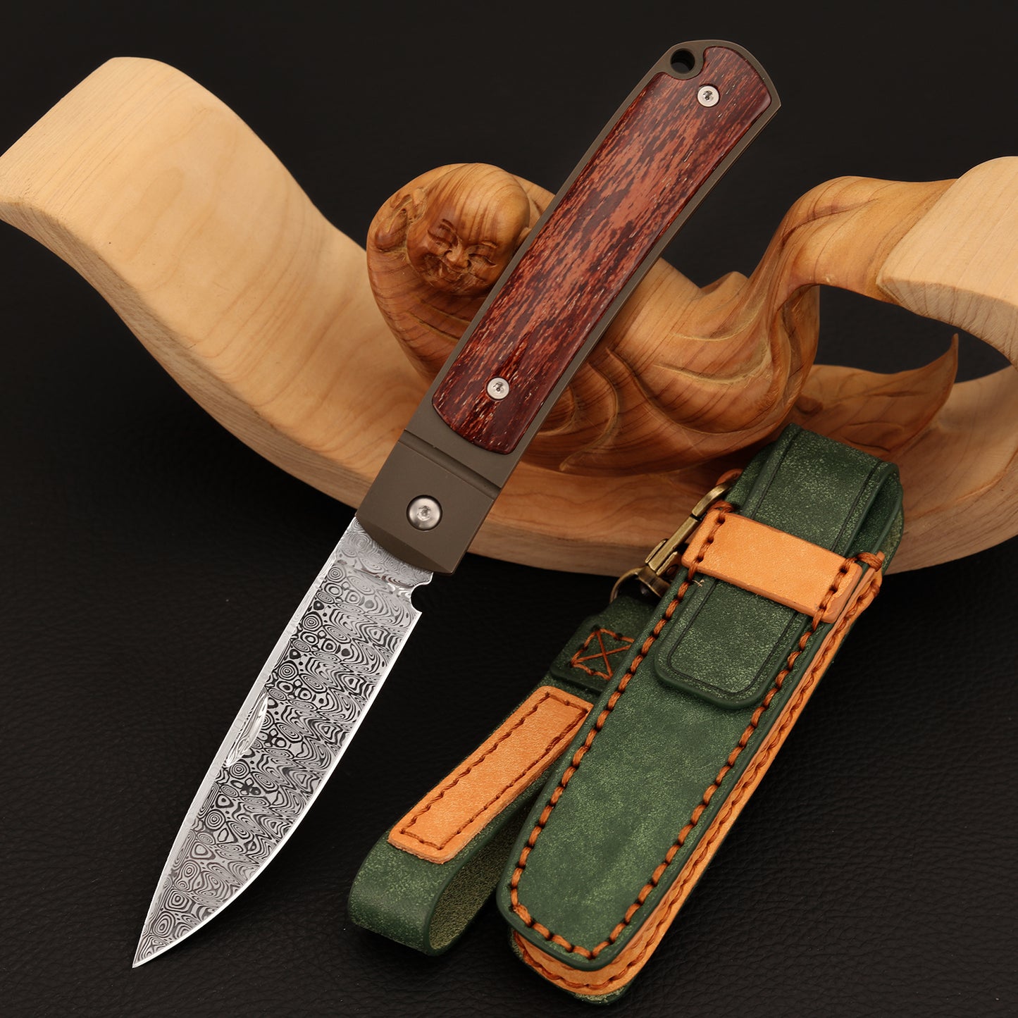 Custom Spear Point Damasteel Pocket Knife, Brown