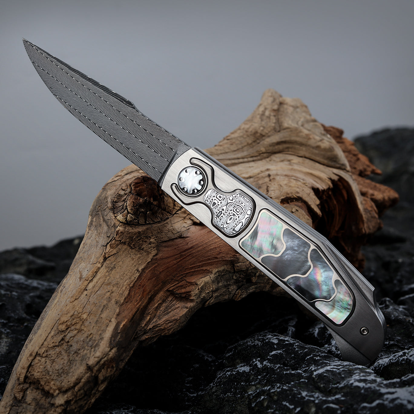 Custom Button Lock Folding Knife Forged Damascus Steel