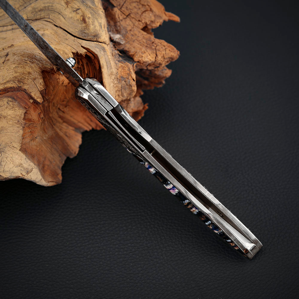 Custom Engraved Liner Lock Folder, Powder Damasteel