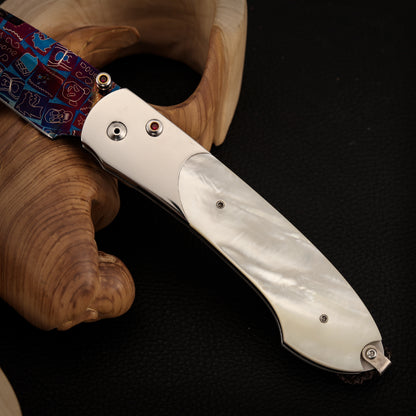 Custom Button Lock Knife Mosaic Damascus Steel