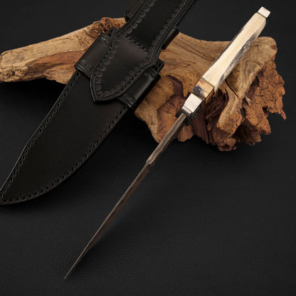Custom Hand-carved Hunting Knife, Copper-Clad Damascus Steel