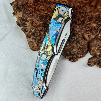 Anubis Pocket Knife Titanium 3D Coloured Sculpting - Vanax Steel