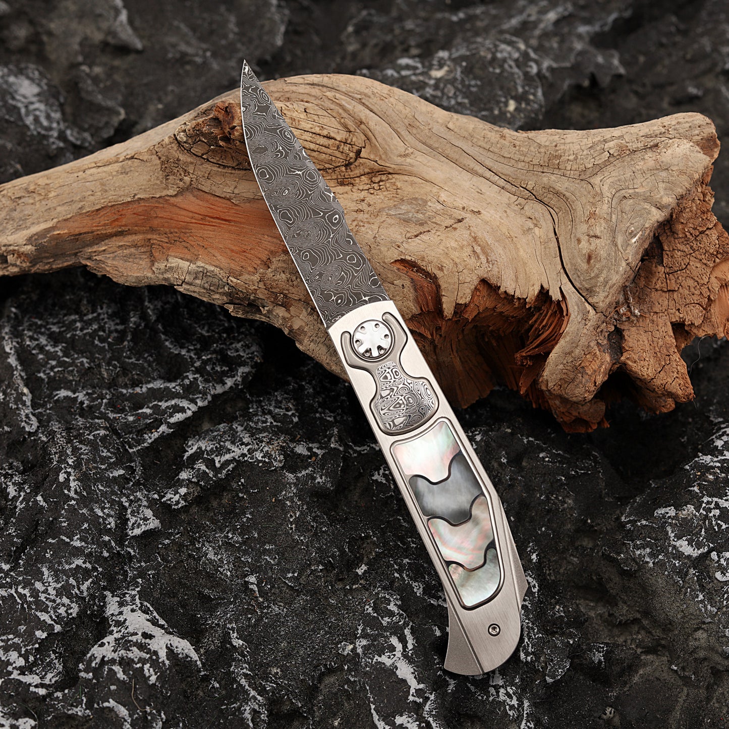 Custom Button Lock Folding Knife Forged Damascus Steel