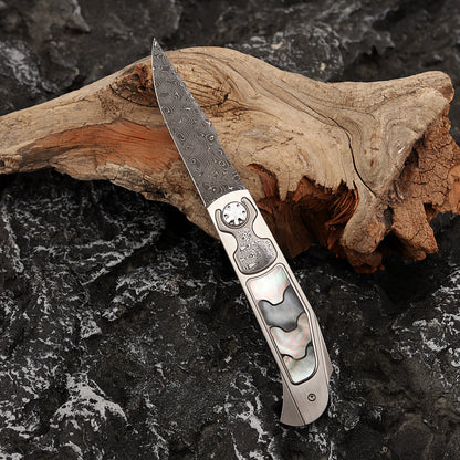 Custom Button Lock Folding Knife Forged Damascus Steel