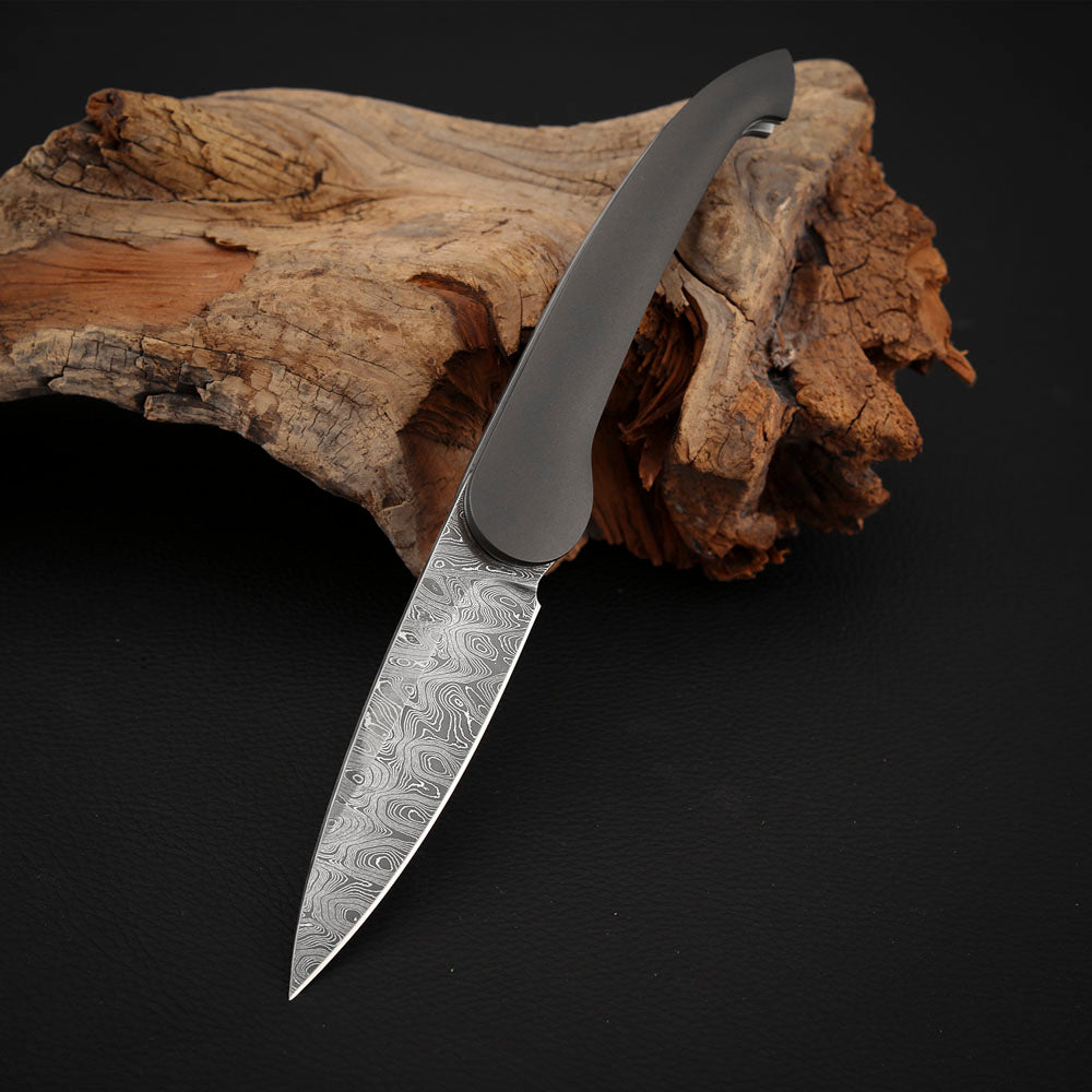Liner Lock Front Flipper Folding Knives in Damascus with Titanium