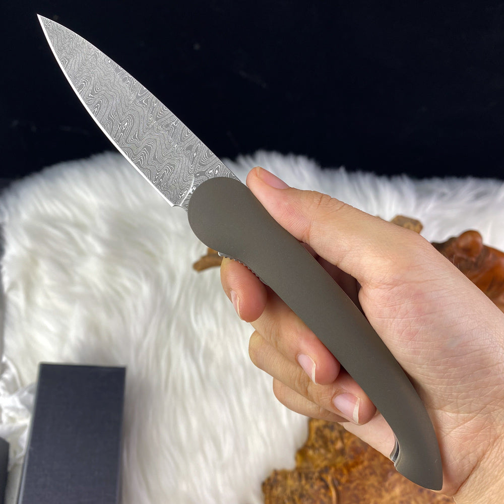 Liner Lock Front Flipper Knife in Damascus with Titanium