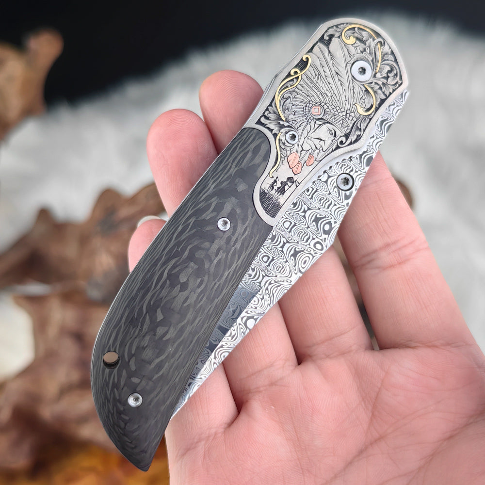 Hand-carved Liner Lock Folding Knife Inlaid with 24K Gold