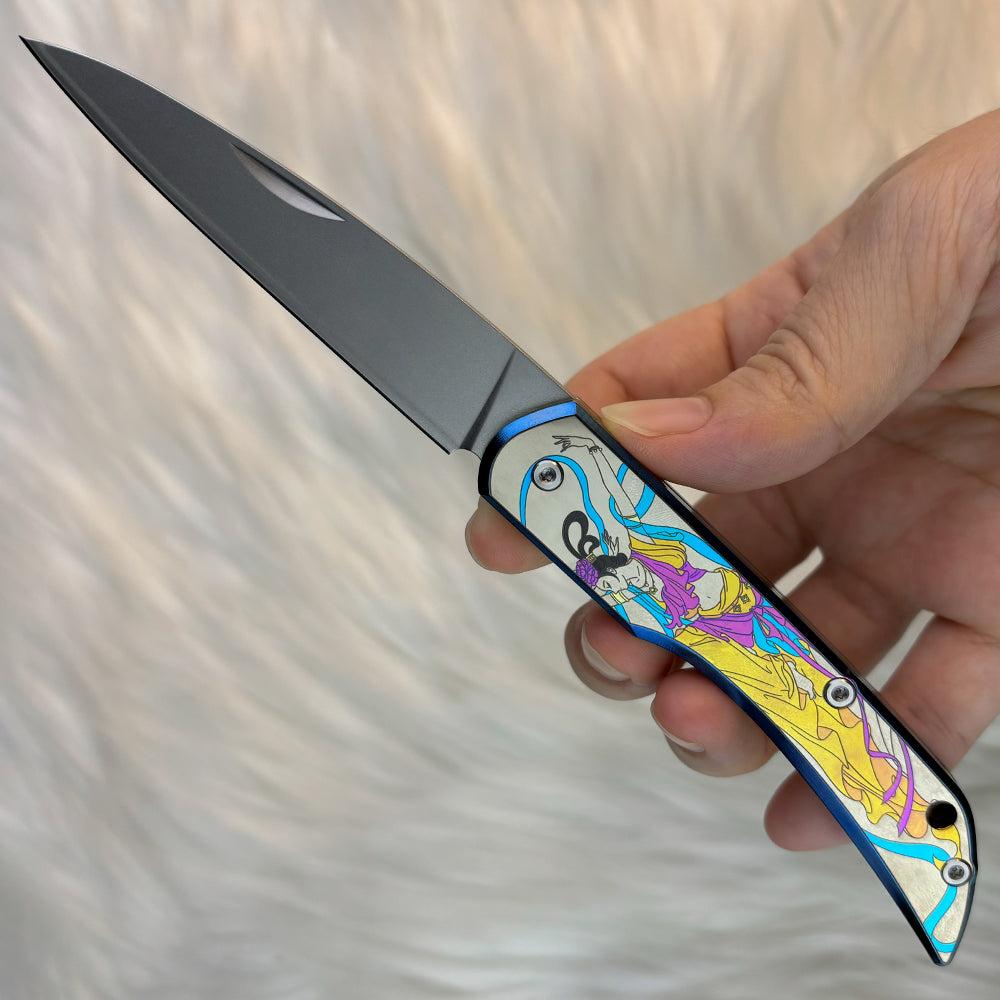 Color Engraving Pocket Knife in ZDP-189, Titanium