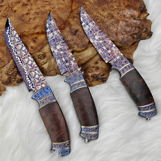 Mosaic Damascus Fixed Blade Knife with Bluing Heat Treatment