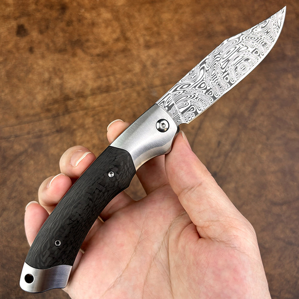 Slip Joint Pocket Knife in Damasteel with Carbon Fiber