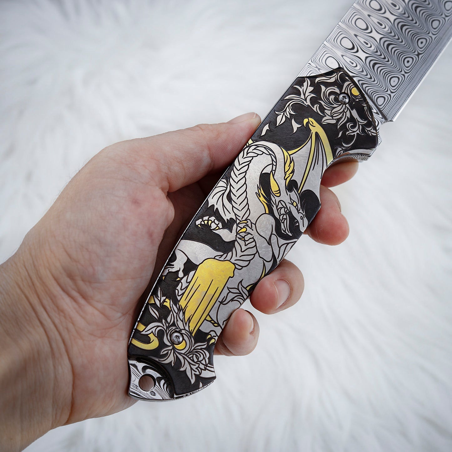 Custom 7.3 Inch Fixed Blade Knife Damasteel Color Titanium Carving