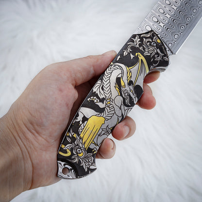 Custom 7.3 Inch Fixed Blade Knife Damasteel Color Titanium Carving