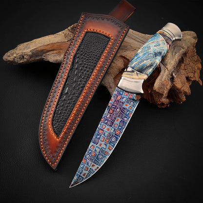 Custom Knives Mosaic Damascus Bluing Heating Leather Sheath