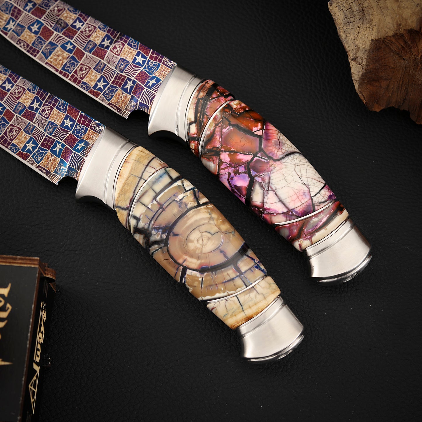 Custom Hunting Knife Mosaic Damascus Bluing Heat Treatment