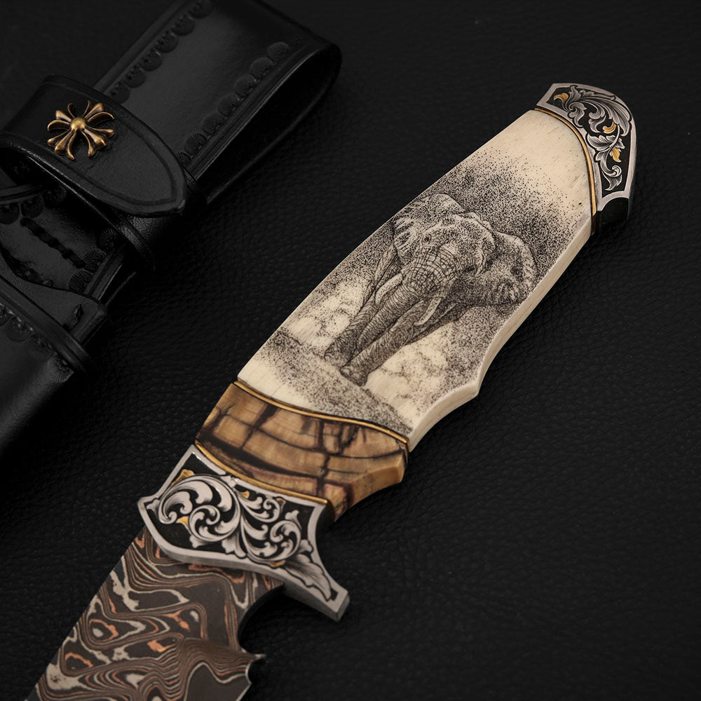 Custom Hand-carved Hunting Knife, Copper-Clad Damascus Steel