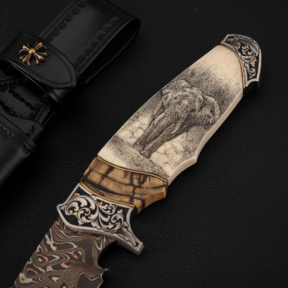 Custom Hand-carved Hunting Knife, Copper-Clad Damascus Steel