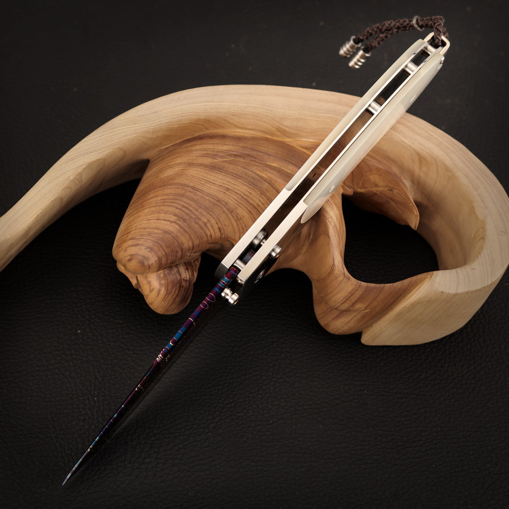 Custom Button Lock Knife Mosaic Damascus Steel
