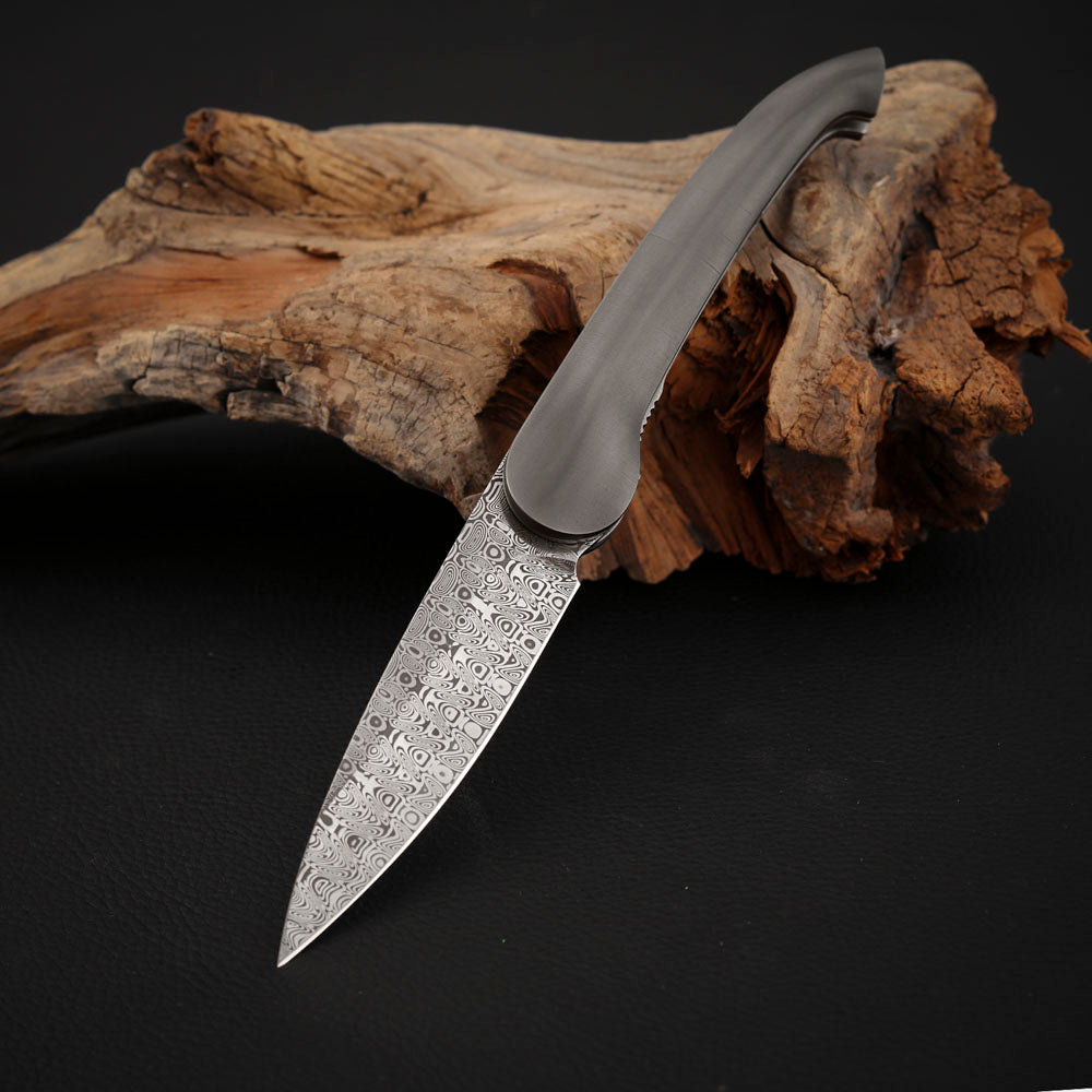 Liner Lock Front Flipper Folding Knives in Damascus with Titanium