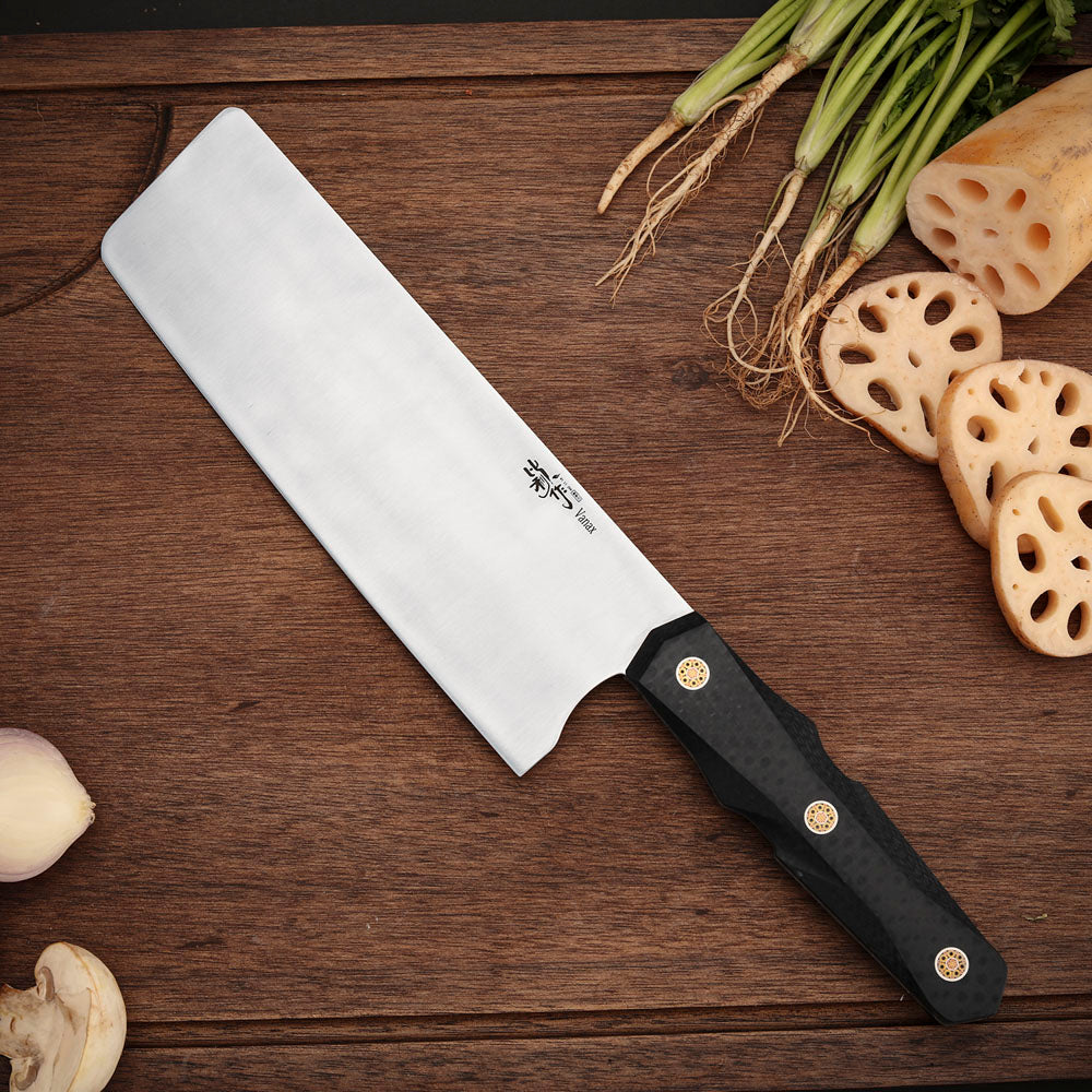 Nakiri Knife Vanax Steel 7 Inch Convex Grind Carbon Fiber