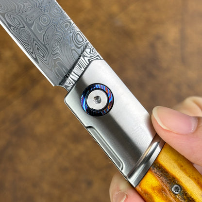 Pocket Knife in Damasteel with Buckhorn