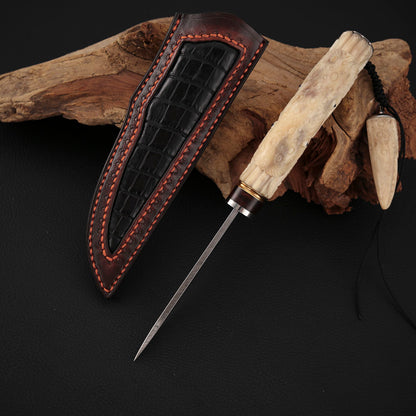 Crab Hand-carved Fixed Blade Knife Damasteel Antler Handle