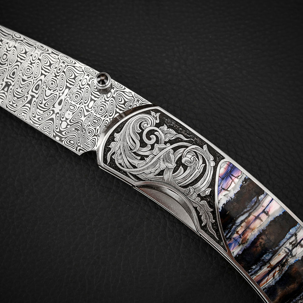 Custom Engraved Liner Lock Folder, Powder Damasteel
