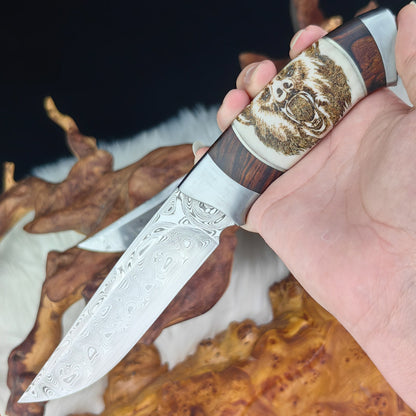 Hand-craved Fixed Blade Knife in Damasteel