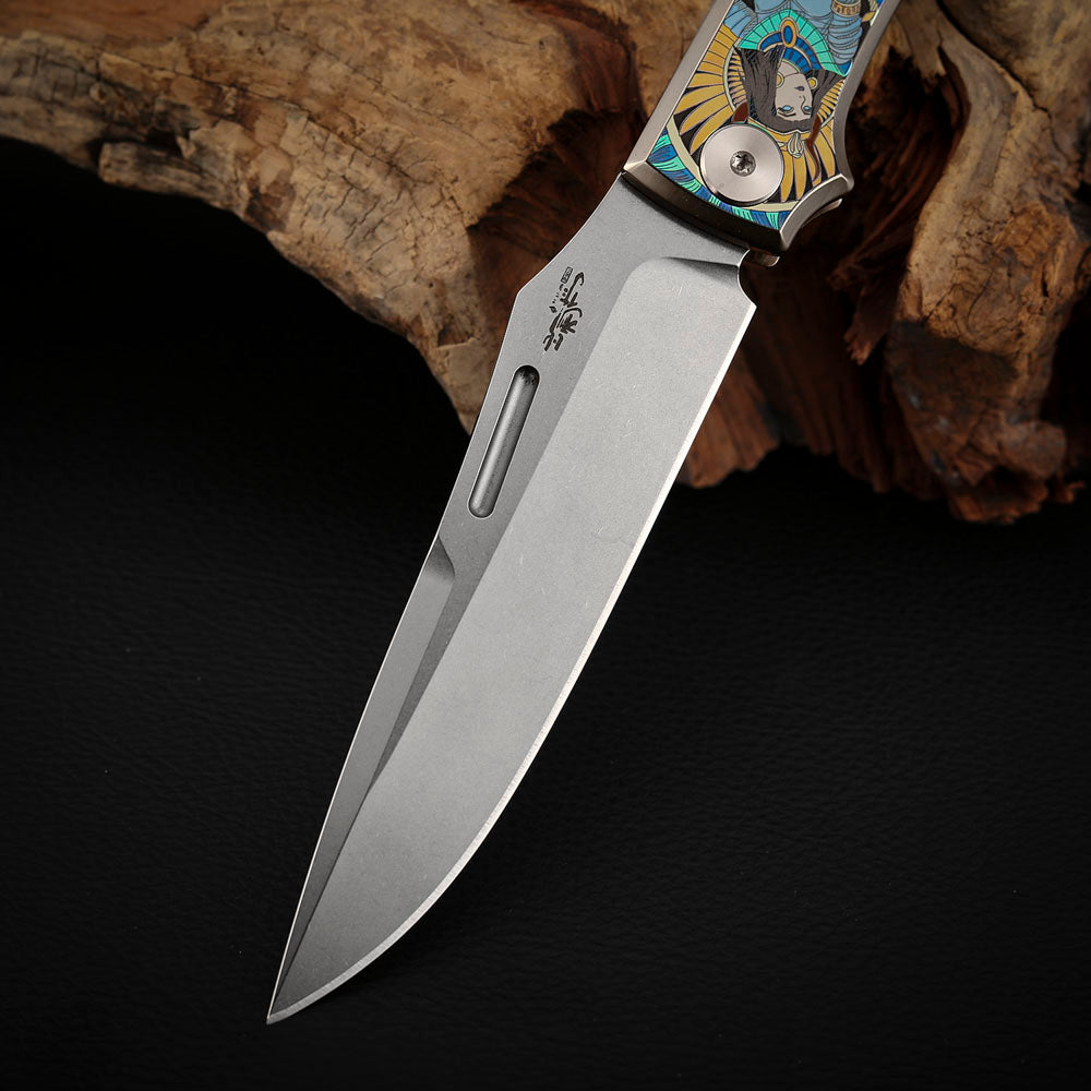 Anubis Pocket Knife Titanium 3D Coloured Sculpting - Vanax Steel