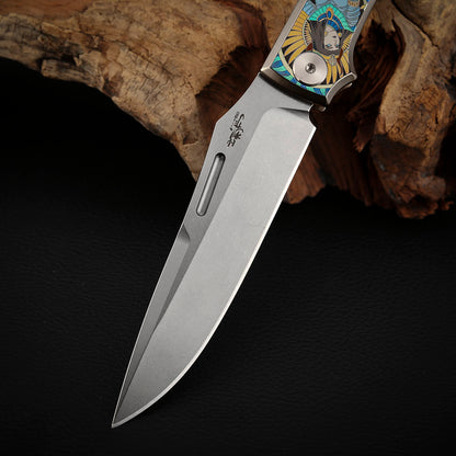 Anubis Pocket Knife Titanium 3D Coloured Sculpting - Vanax Steel